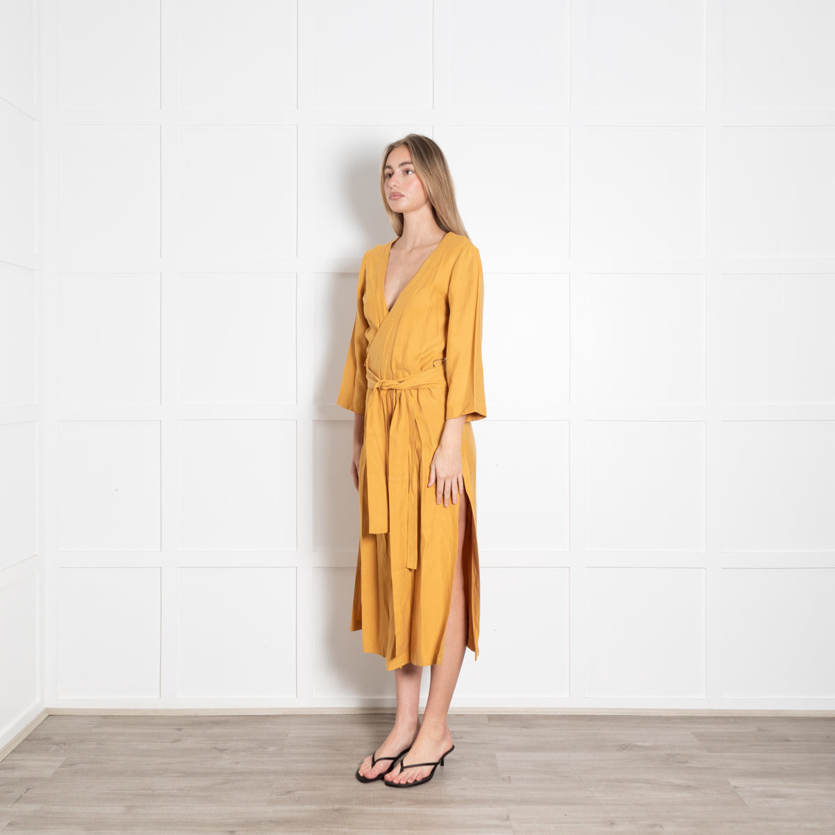 Haight Mustard  Yellow Wrap Dress with 3/4 Sleeves