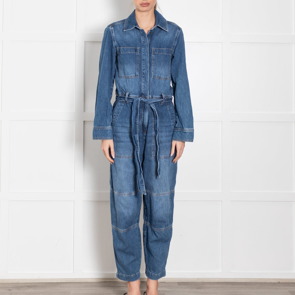 Me + Em Blue Denim Belted Barrell Leg Jumpsuit