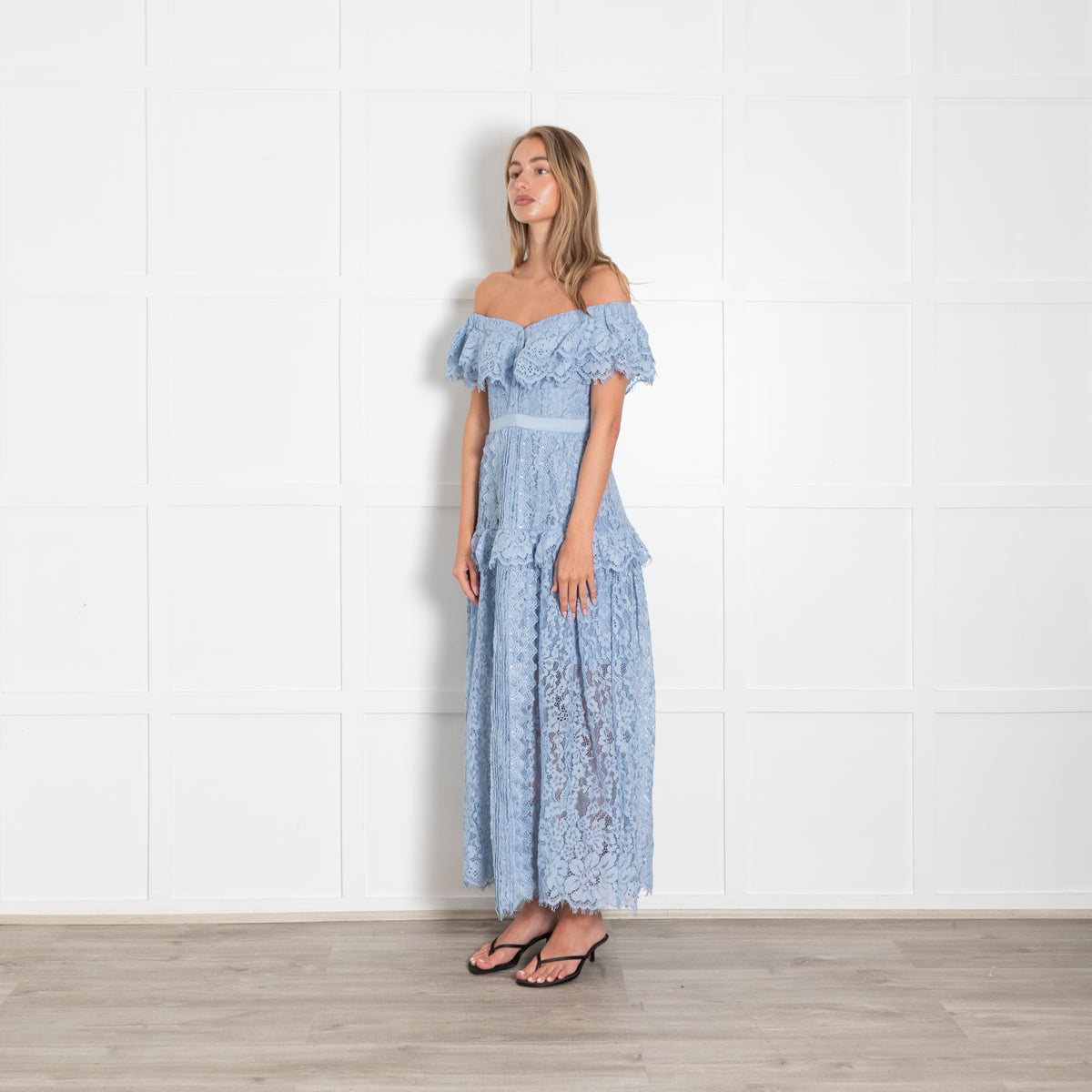 Self-Portrait Blue Lace Shoulder Maxi Dress