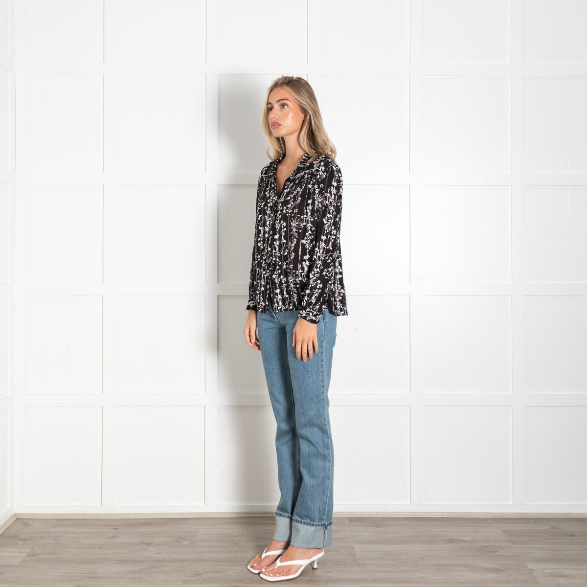 Ba&sh Black White Floral Silver Thread Top