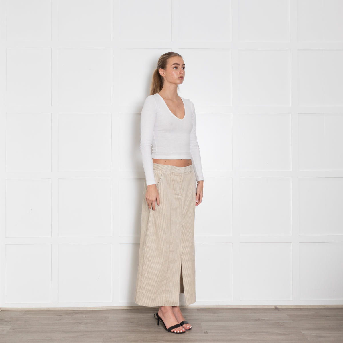 Me + Em Cream Corduroy Front Slit Long Skirt