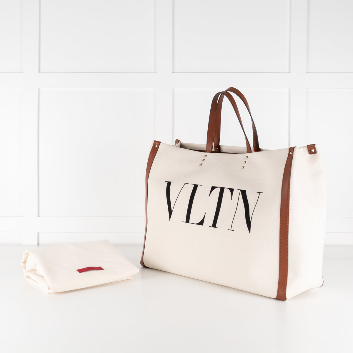 Valentino Off White Brown Canvas And Leather Large Rockstud VLTN Tote