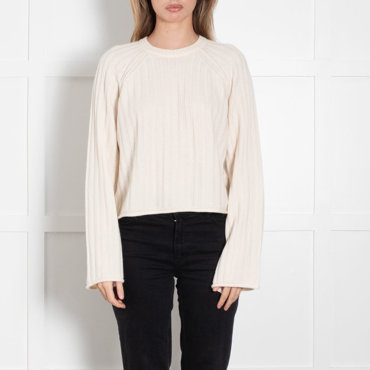 Me + Em Cream Cashmere Silk Ribbed Long Sleeve Jumper