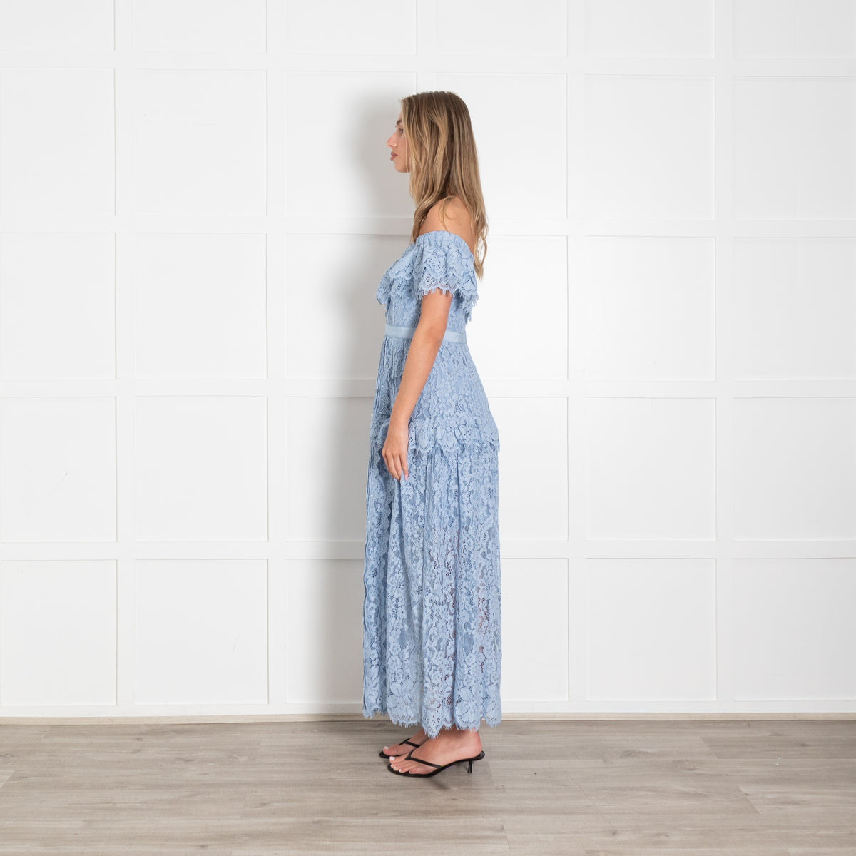 Self-Portrait Blue Lace Shoulder Maxi Dress
