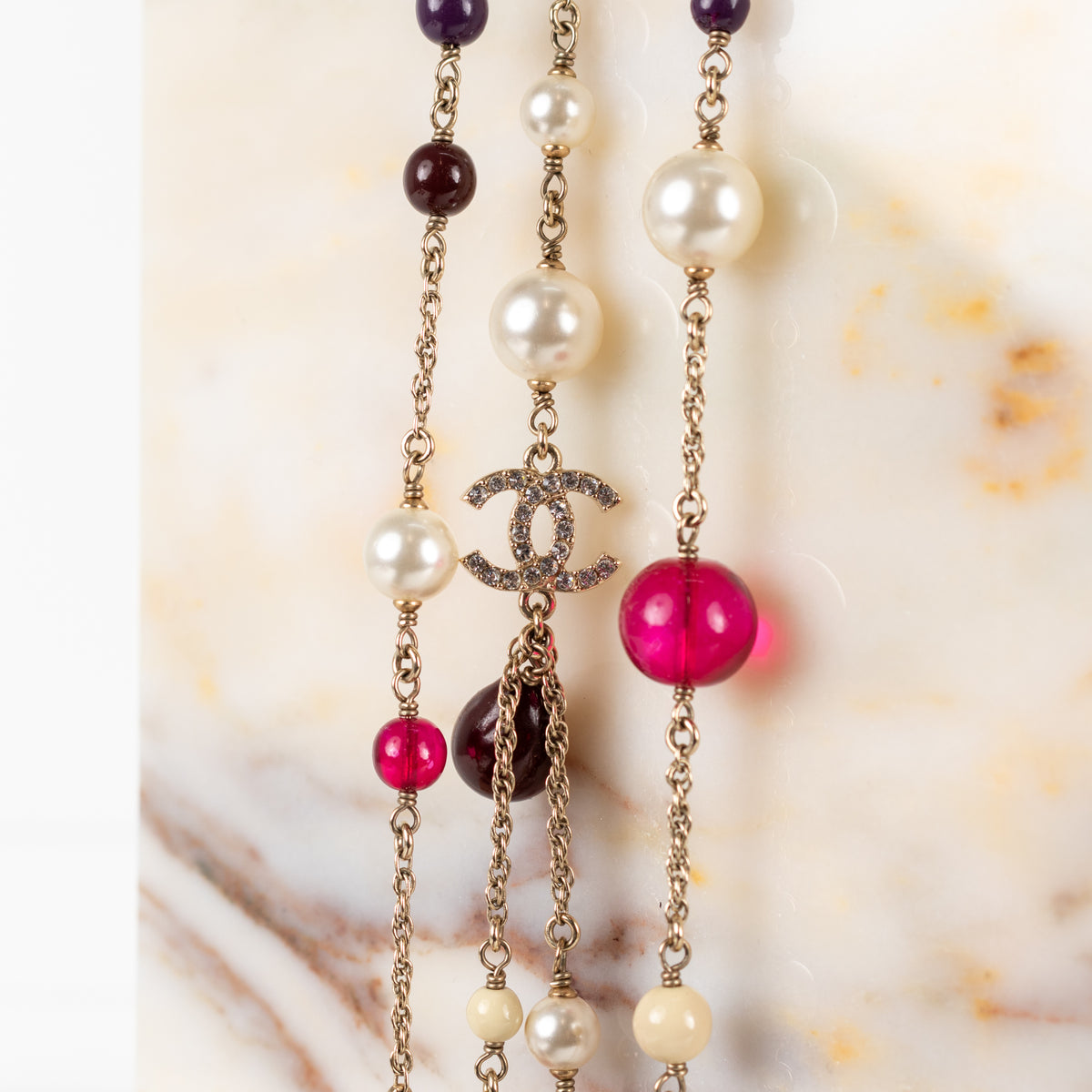 Chanel Red Cream bead Diamante CC Double Strand Long Necklace