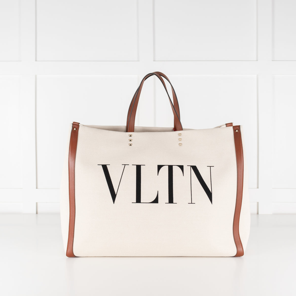 Valentino Off White Brown Canvas And Leather Large Rockstud VLTN Tote