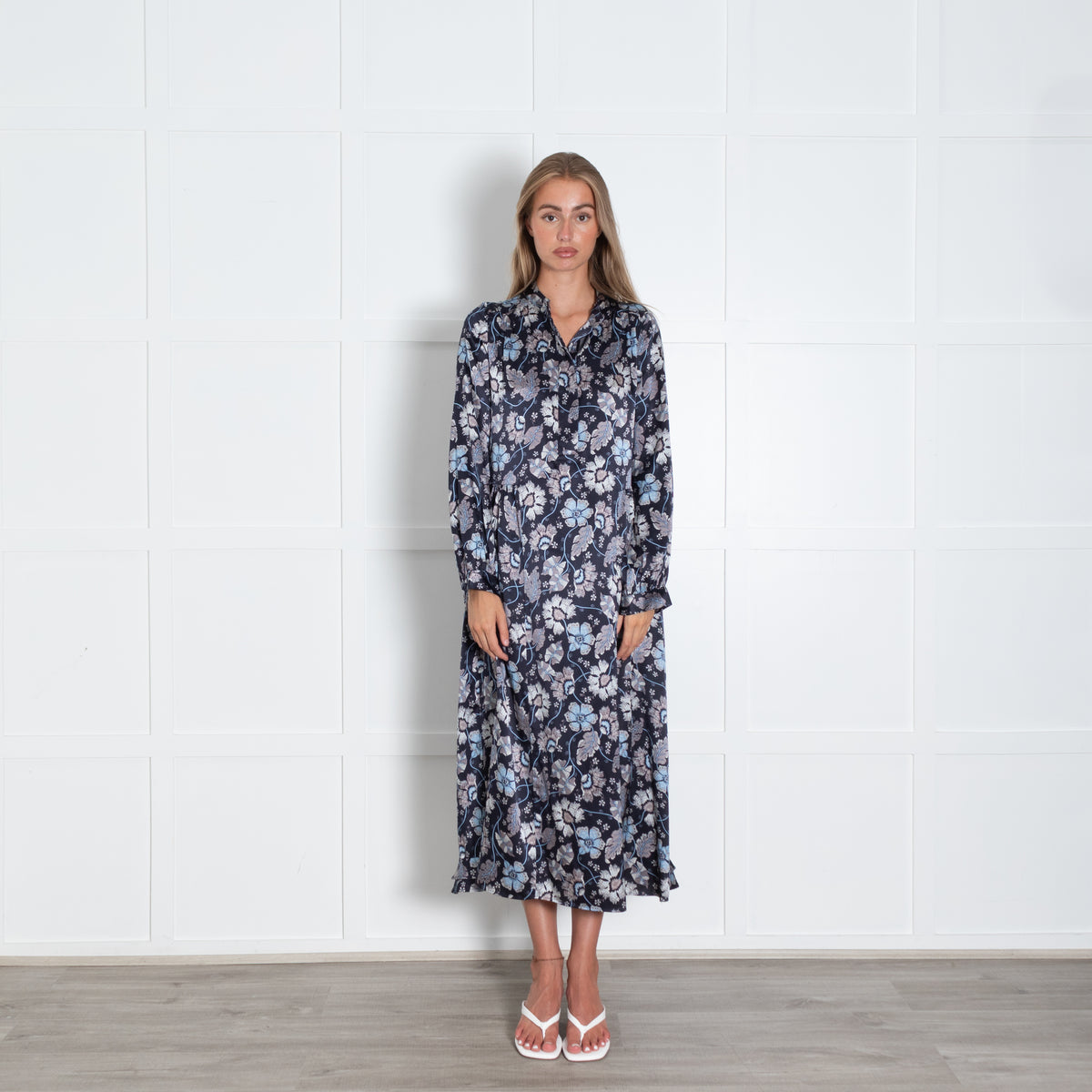 Dea Kudibal Navy Silk Floral Maxi Dress With High Neckline