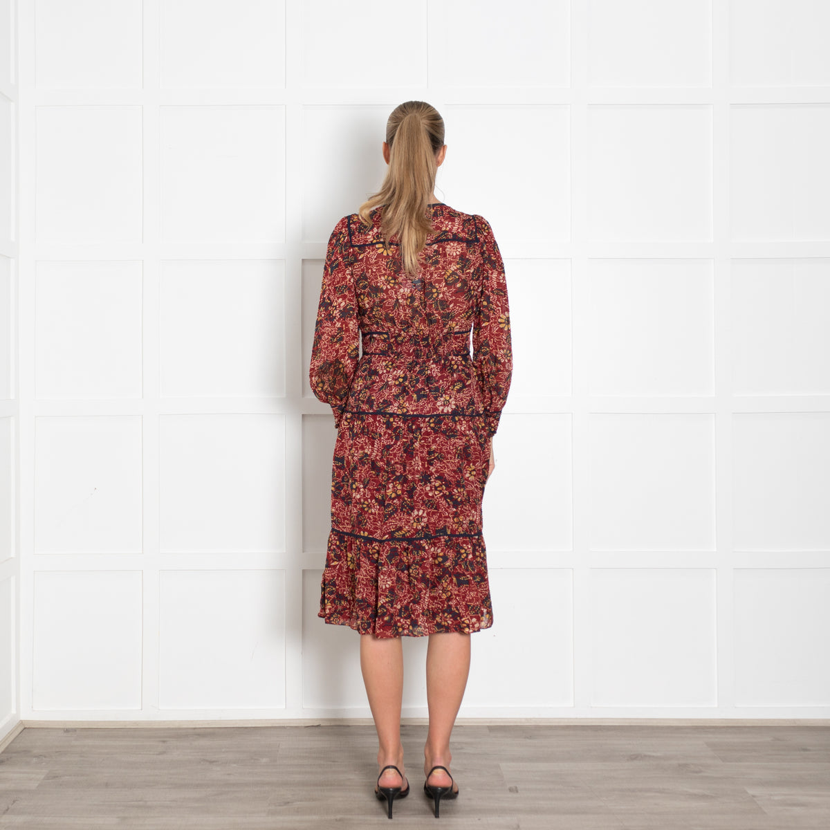 BA&SH  Red Yellow Blue Flower Print Midi Dress