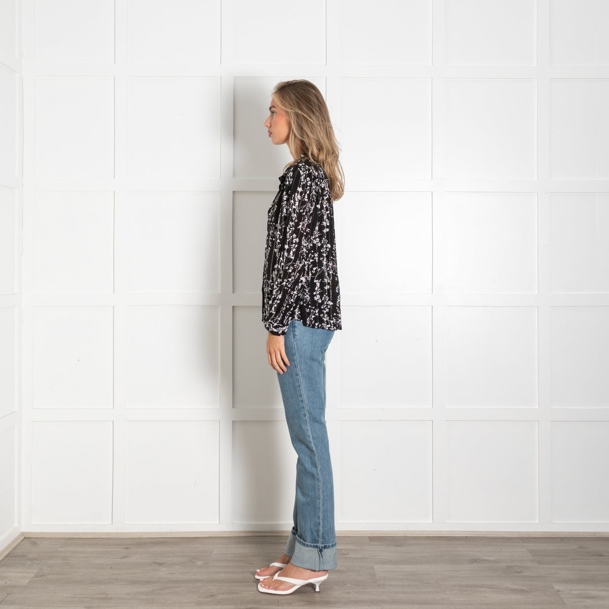Ba&sh Black White Floral Silver Thread Top