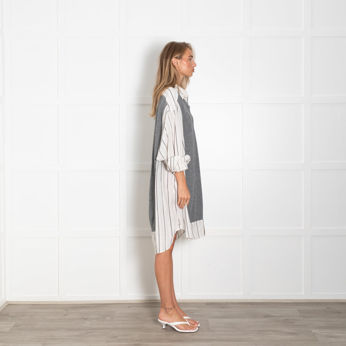 Maison Margiela Grey Knit Cream Black Stripe Cotton Oversized Long Shirt
