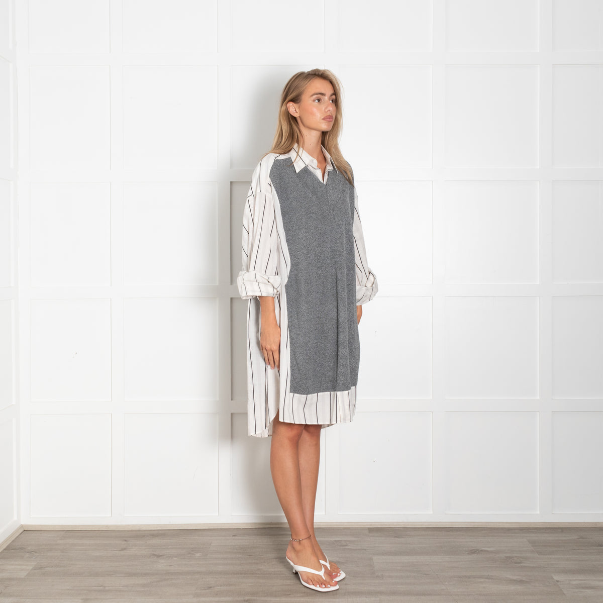 Maison Margiela Grey Knit Cream Black Stripe Cotton Oversized Long Shirt