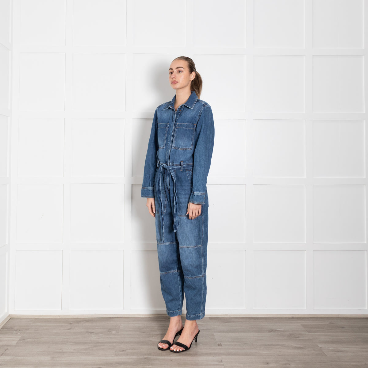 Me + Em Blue Denim Belted Barrell Leg Jumpsuit