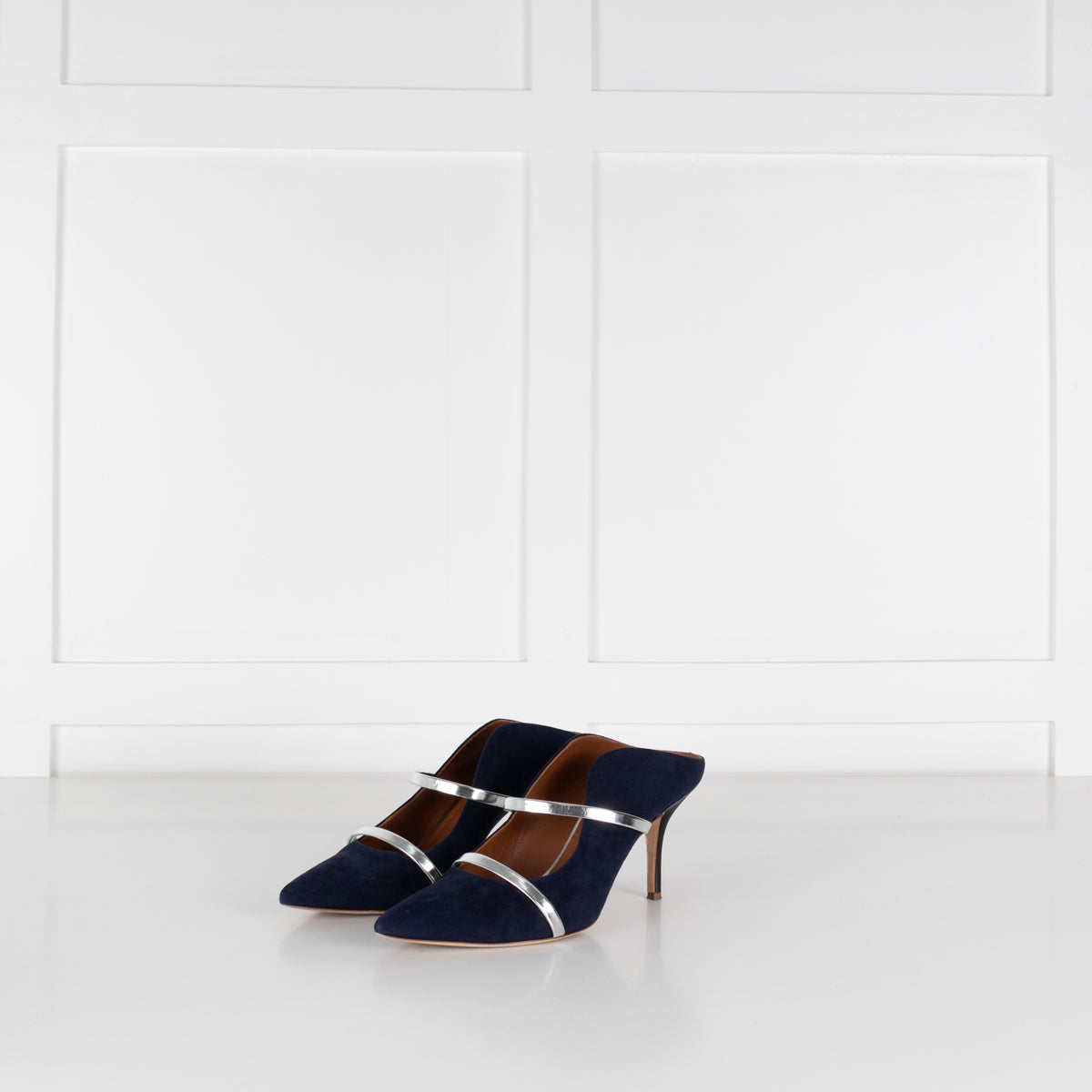 Malone Souliers Maureen Navy Suede Mules With Silver Straps