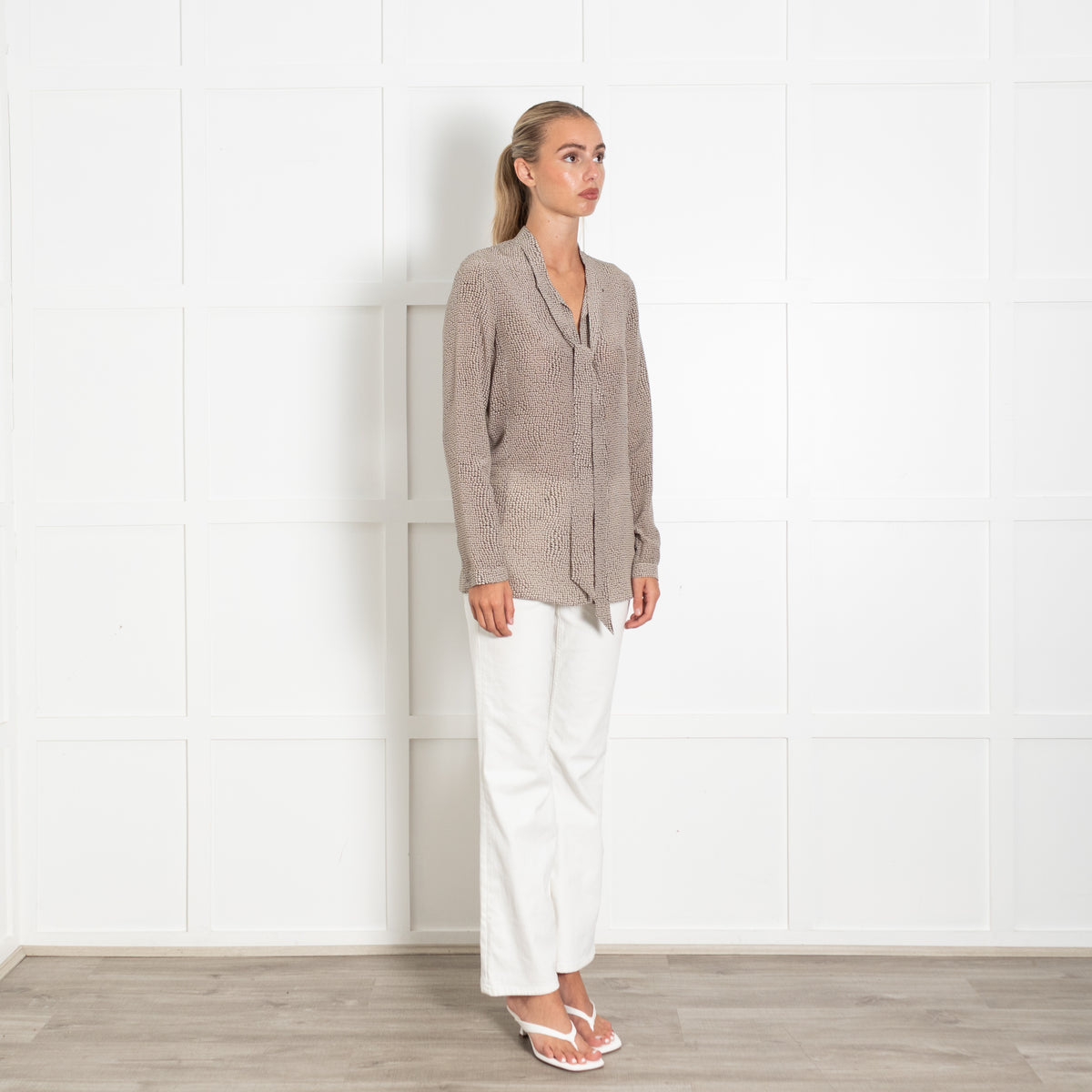 Akris Cream Brown Print Neck Tie Blouse
