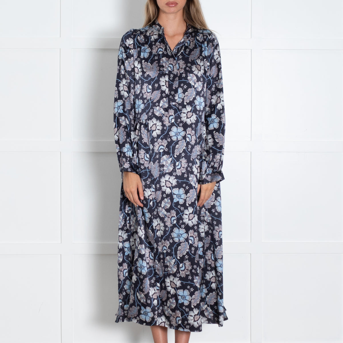 Dea Kudibal Navy Silk Floral Maxi Dress With High Neckline