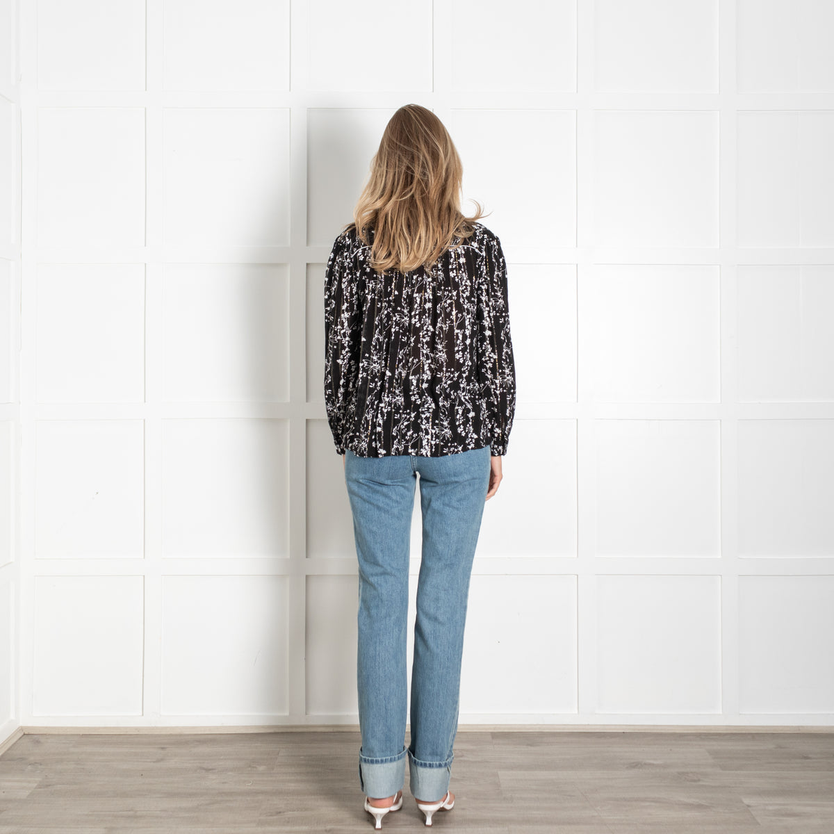 Ba&sh Black White Floral Silver Thread Top