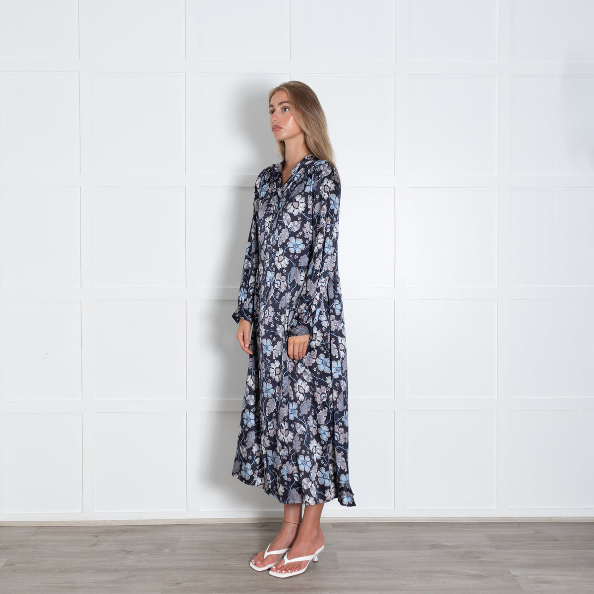 Dea Kudibal Navy Silk Floral Maxi Dress With High Neckline