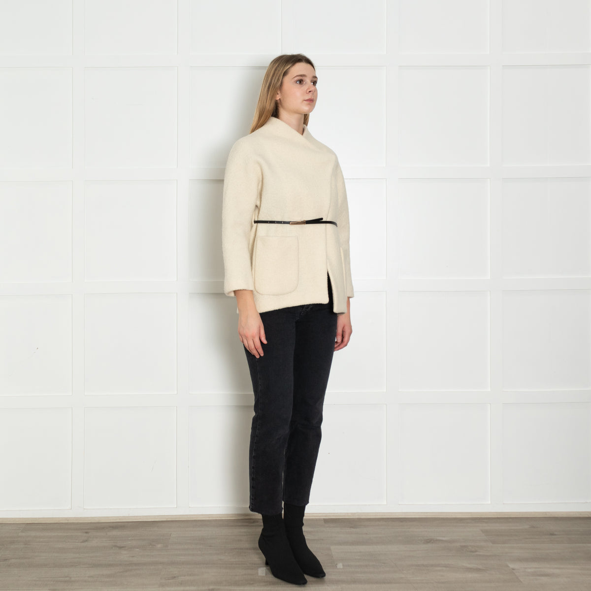Ba&sh Cream Textured Wool Leather Belt Jacket