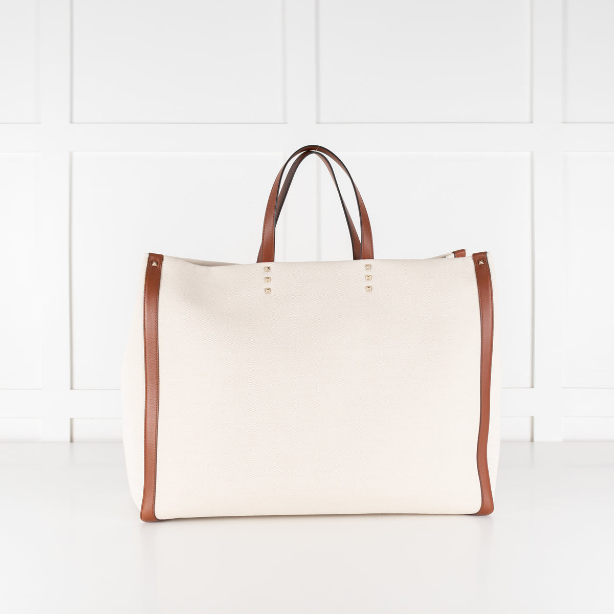Valentino Off White Brown Canvas And Leather Large Rockstud VLTN Tote