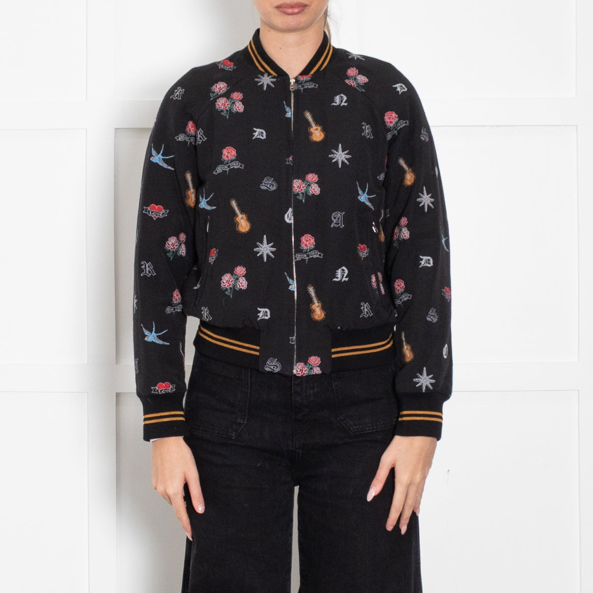 Sandro Black Cotton Bomber Jacket With Embroidered Embellishment