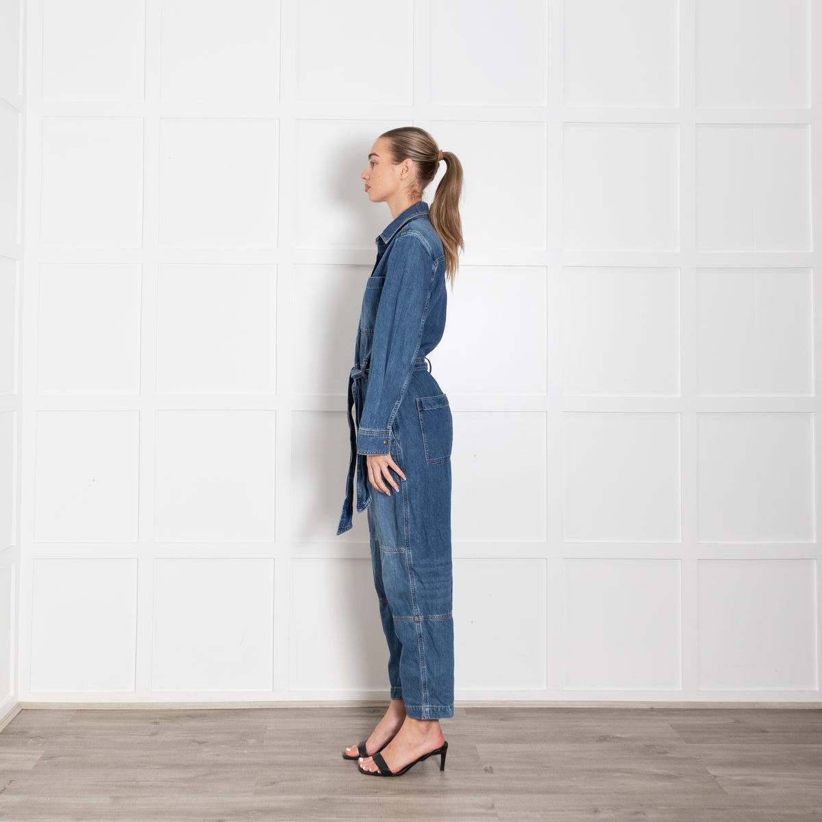 Me + Em Blue Denim Belted Barrell Leg Jumpsuit