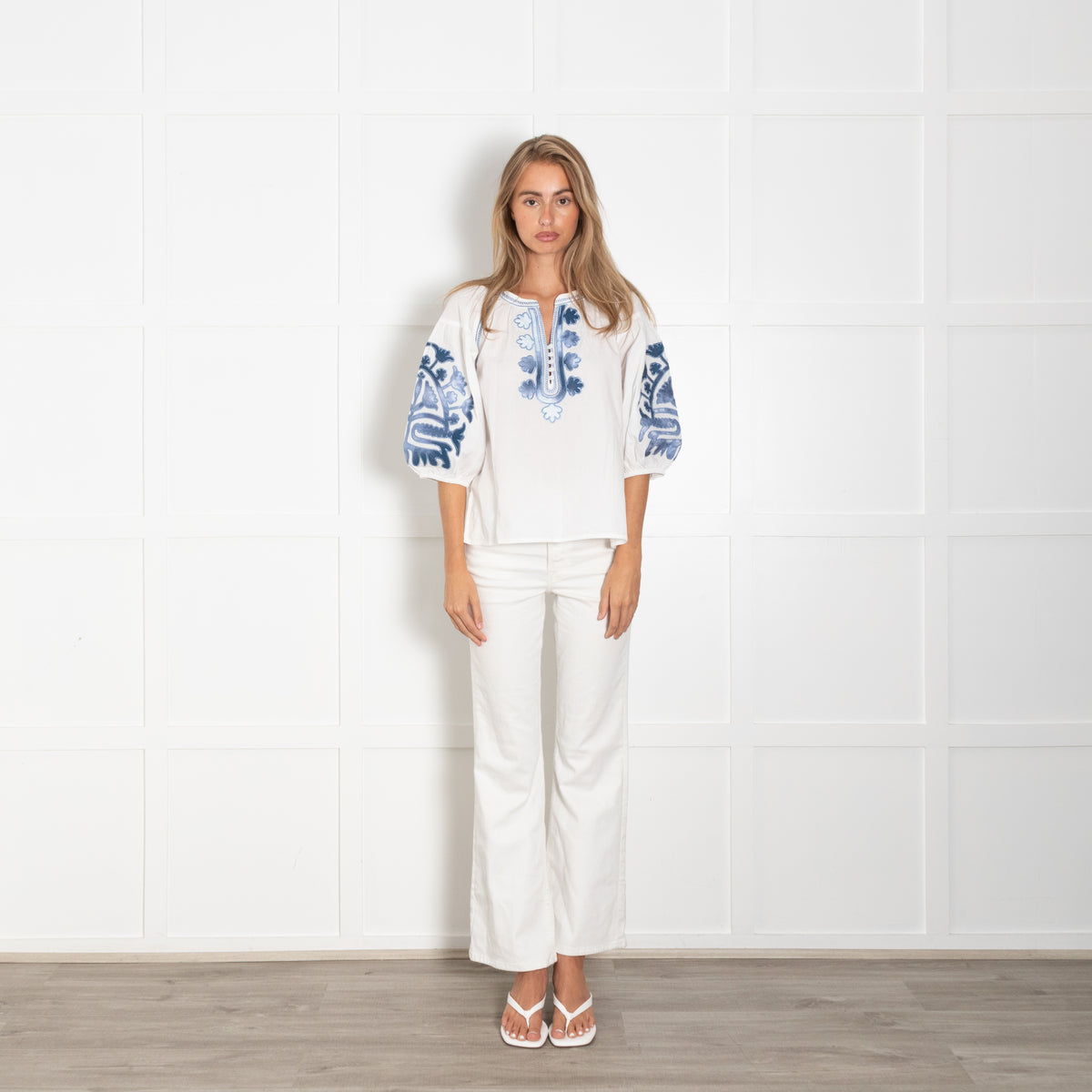 Rose and Rose White Cotton Blue Embroidered Blouse