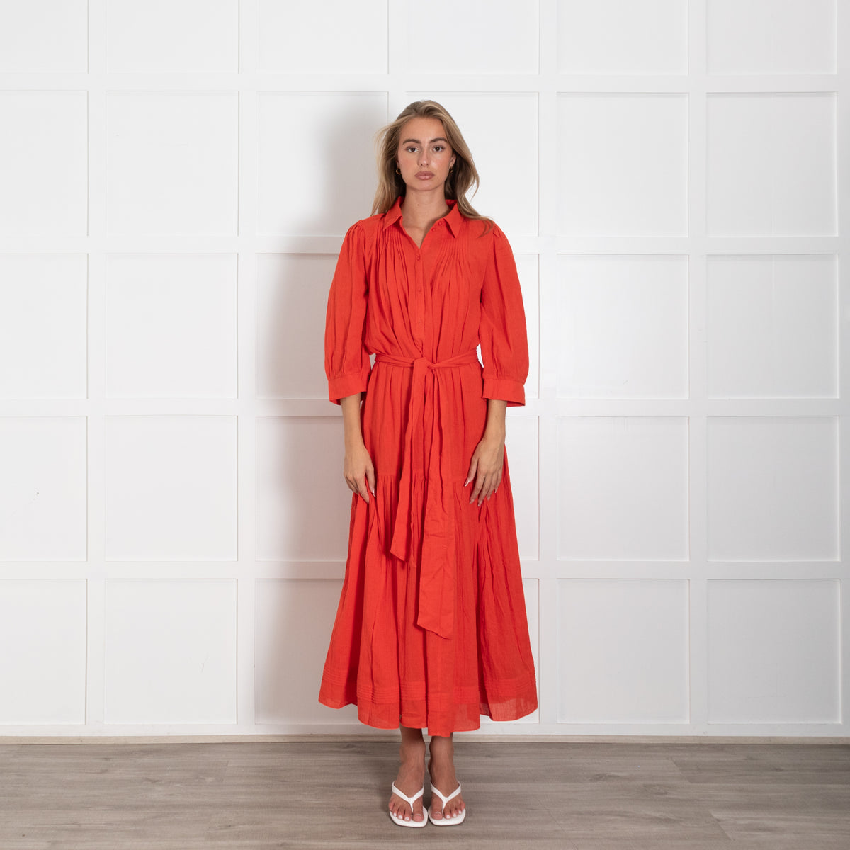 Me + Em Red Dress With Pintuck Shoulder Detail and Belt