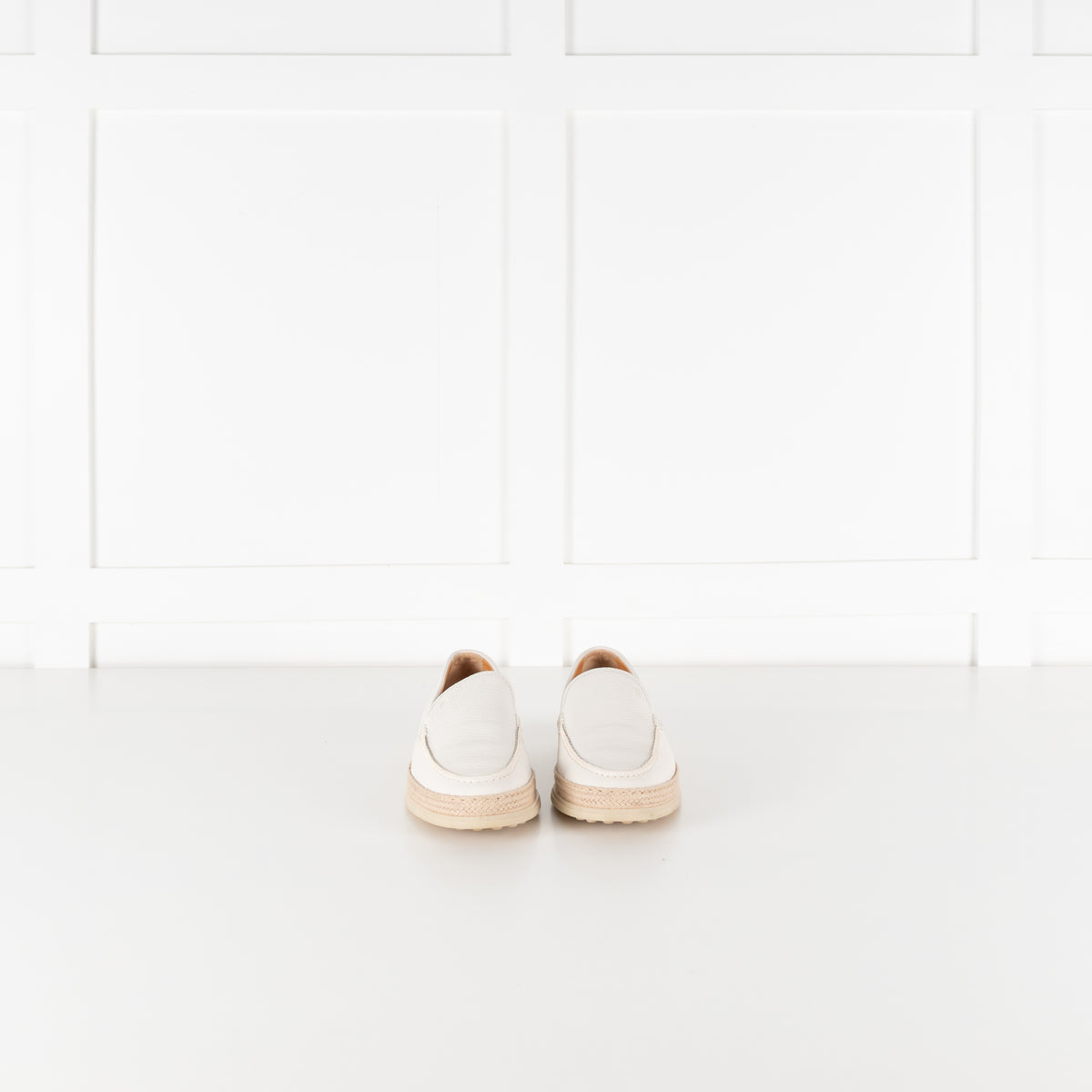 Tod's White Raffia Trimmed Leather Loafers