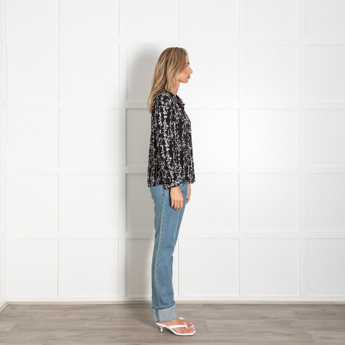 Ba&sh Black White Floral Silver Thread Top