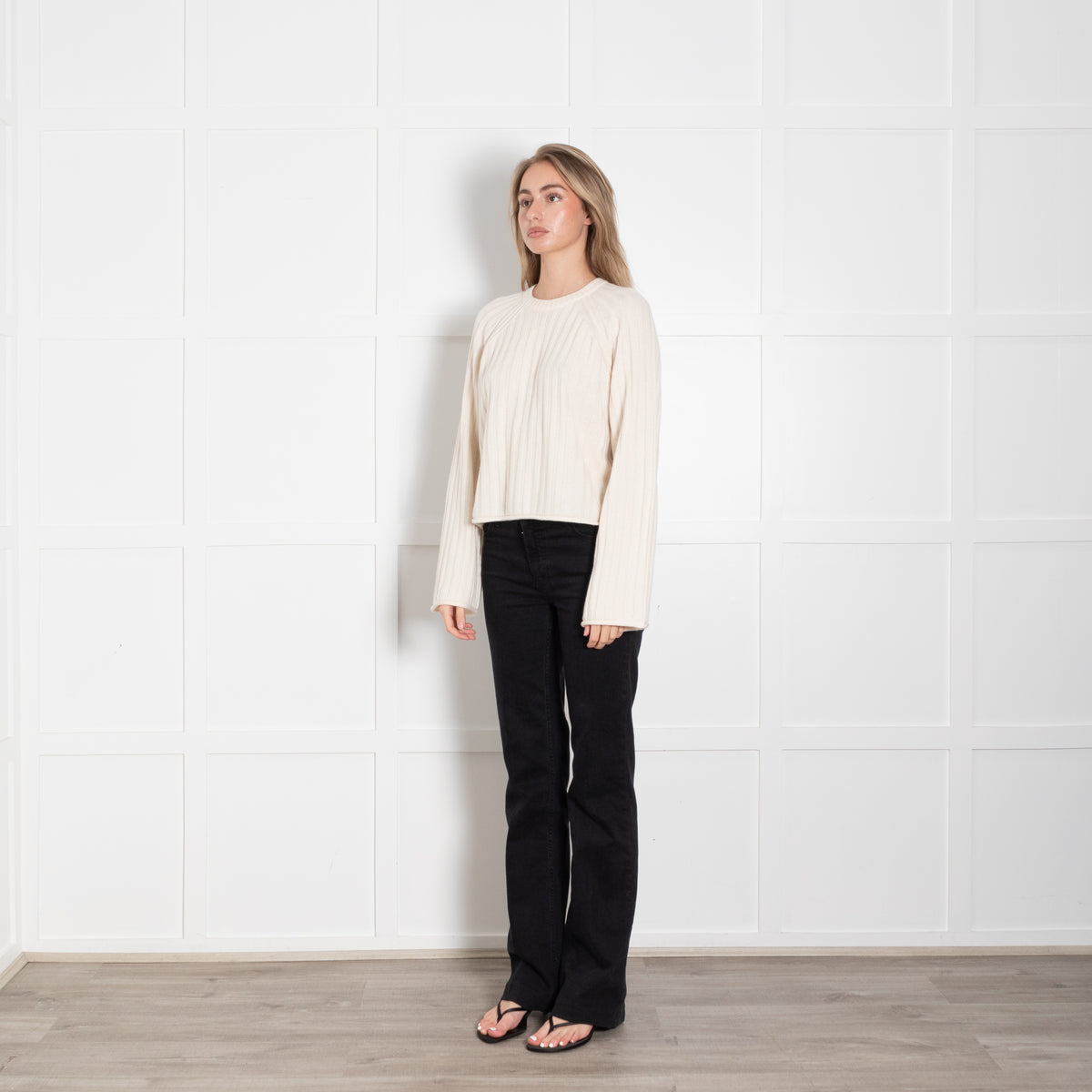 Me + Em Cream Cashmere Silk Ribbed Long Sleeve Jumper