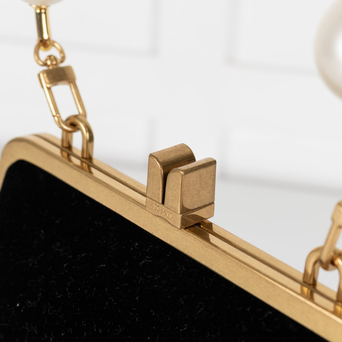 Me + Em Black Velvet Faux Pearl Top Handle Bag With Gold Clasp Closure
