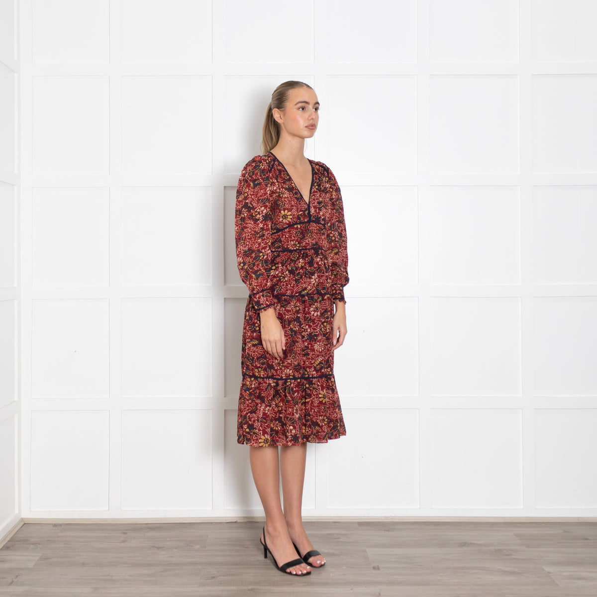 BA&SH  Red Yellow Blue Flower Print Midi Dress