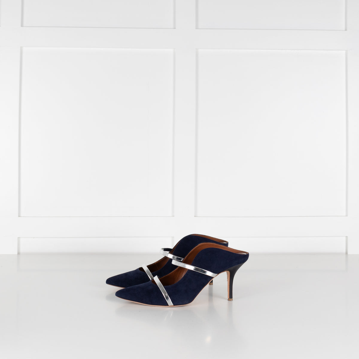 Malone Souliers Maureen Navy Suede Mules With Silver Straps
