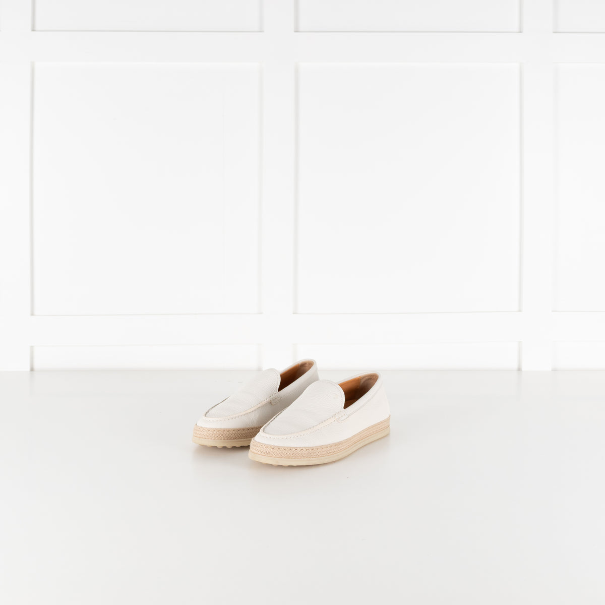 Tod's White Raffia Trimmed Leather Loafers