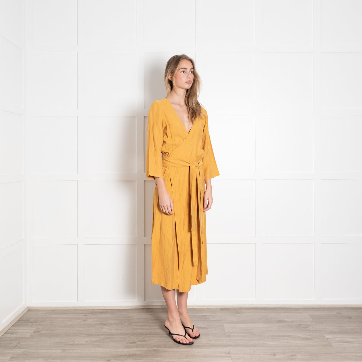 Haight Mustard  Yellow Wrap Dress with 3/4 Sleeves