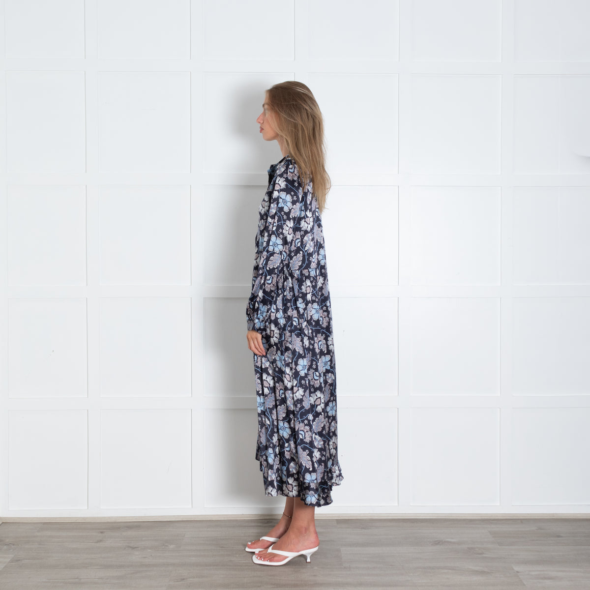 Dea Kudibal Navy Silk Floral Maxi Dress With High Neckline