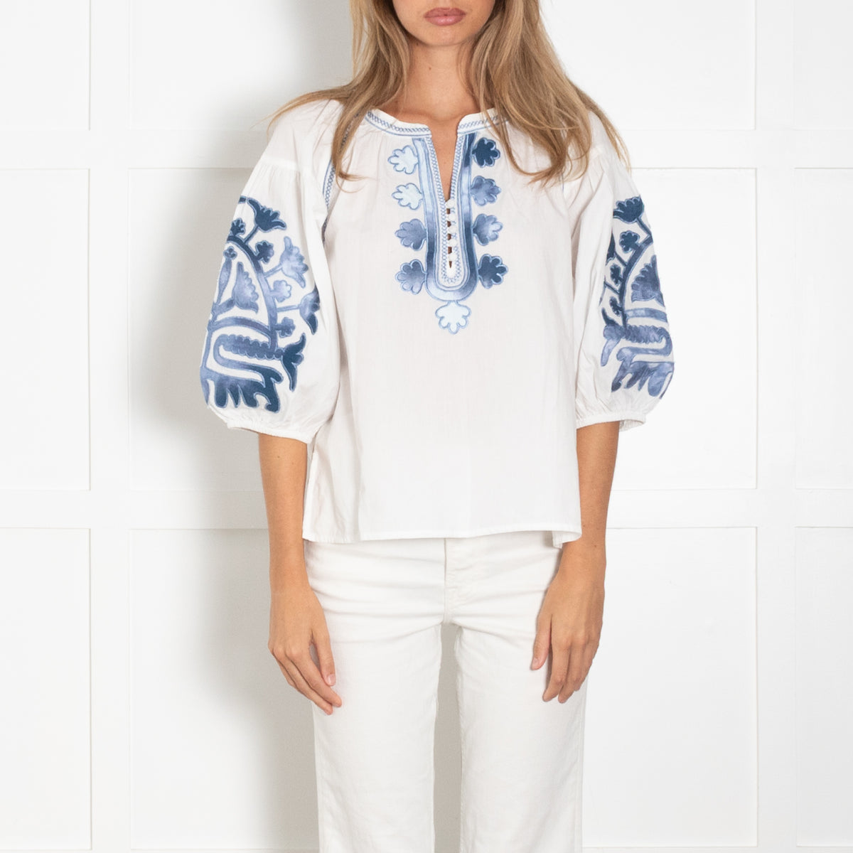 Rose and Rose White Cotton Blue Embroidered Blouse