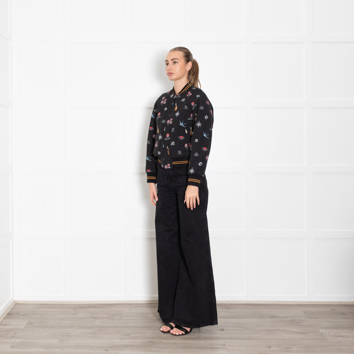 Sandro Black Cotton Bomber Jacket With Embroidered Embellishment