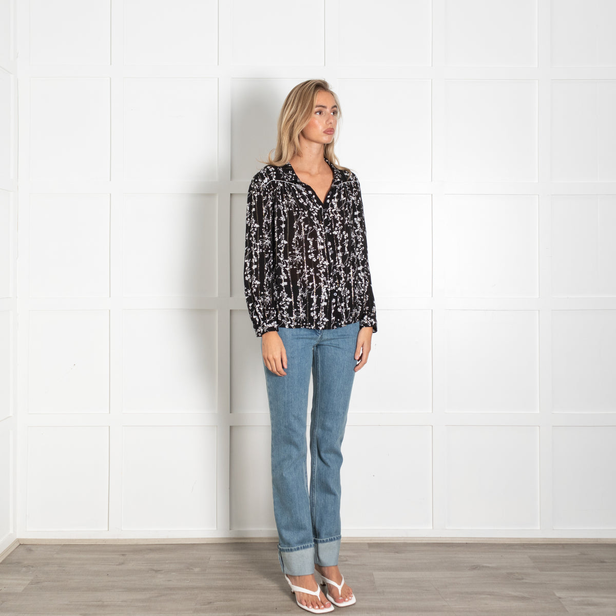 Ba&sh Black White Floral Silver Thread Top