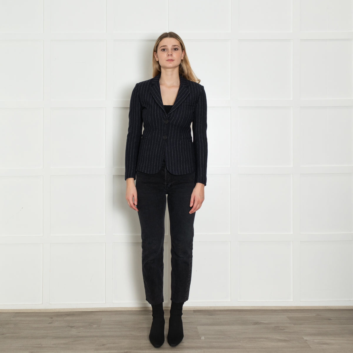 Maje Navy Blue Grey Pinstripe Wool Blend Short Jacket