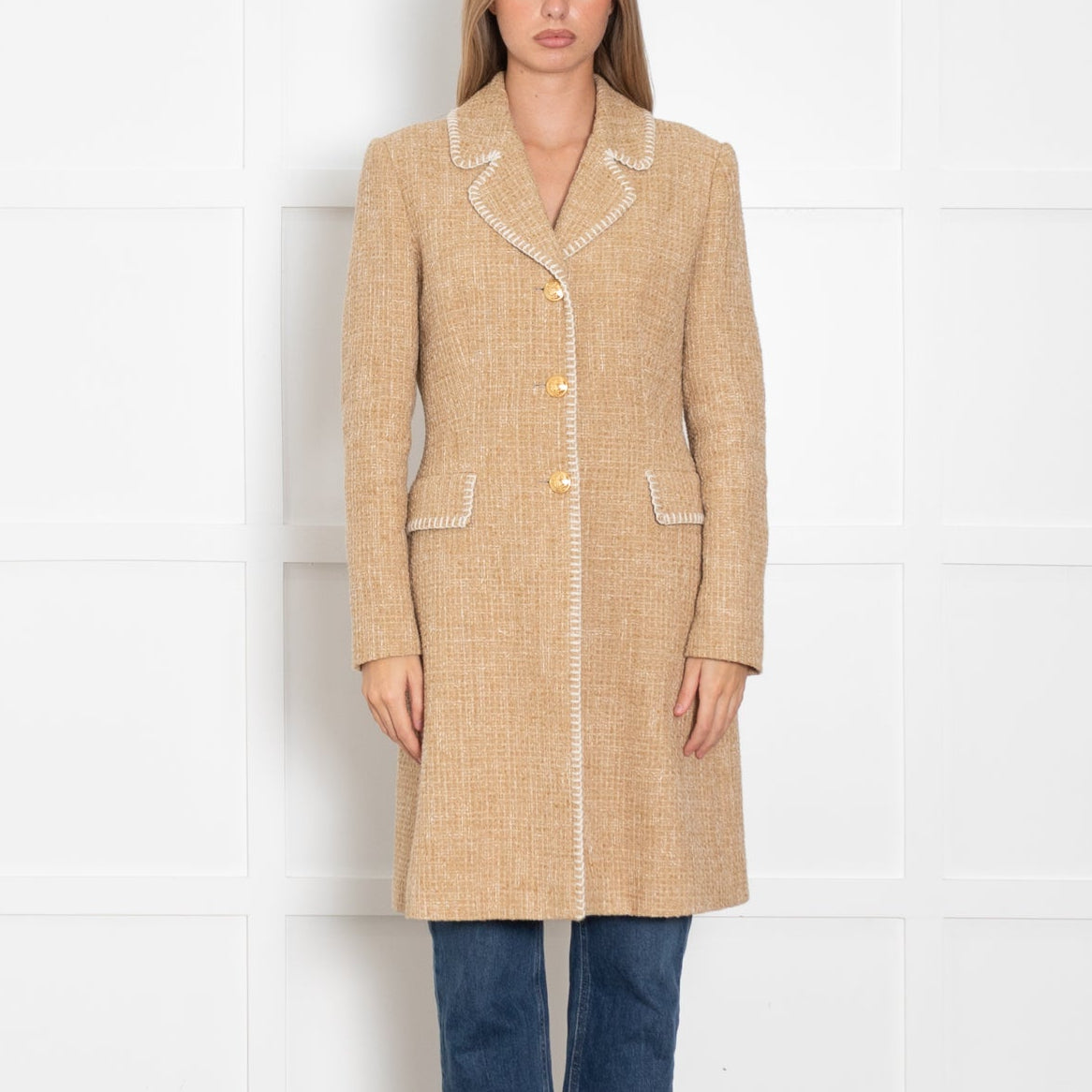 Boutique Moschino Beige Boucle Coat with Stitch Edge Detail