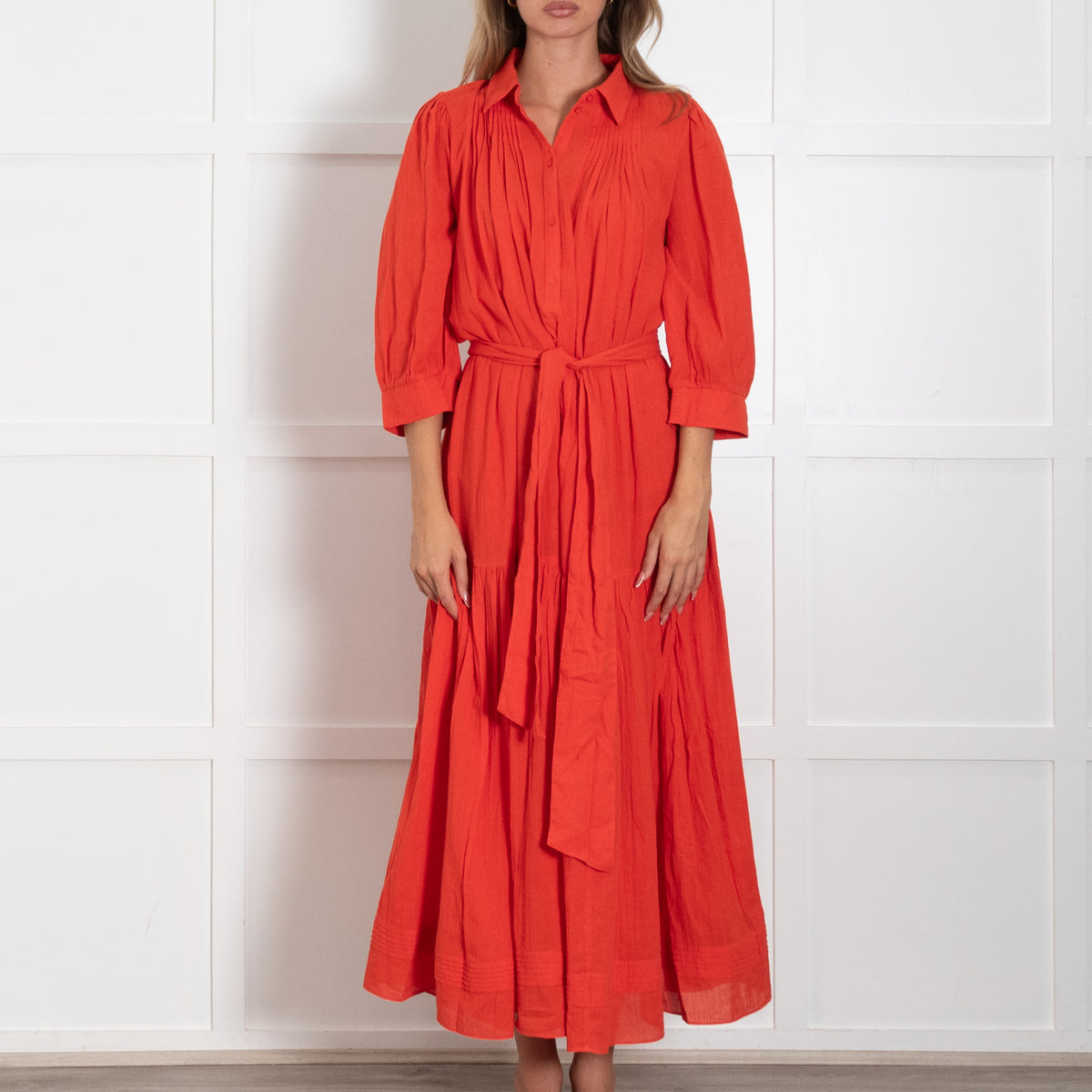 Me + Em Red Dress With Pintuck Shoulder Detail and Belt