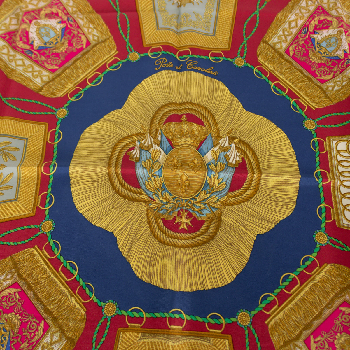 Hermes Poste Et Cavalerie Silk Blue And Gold Scarf