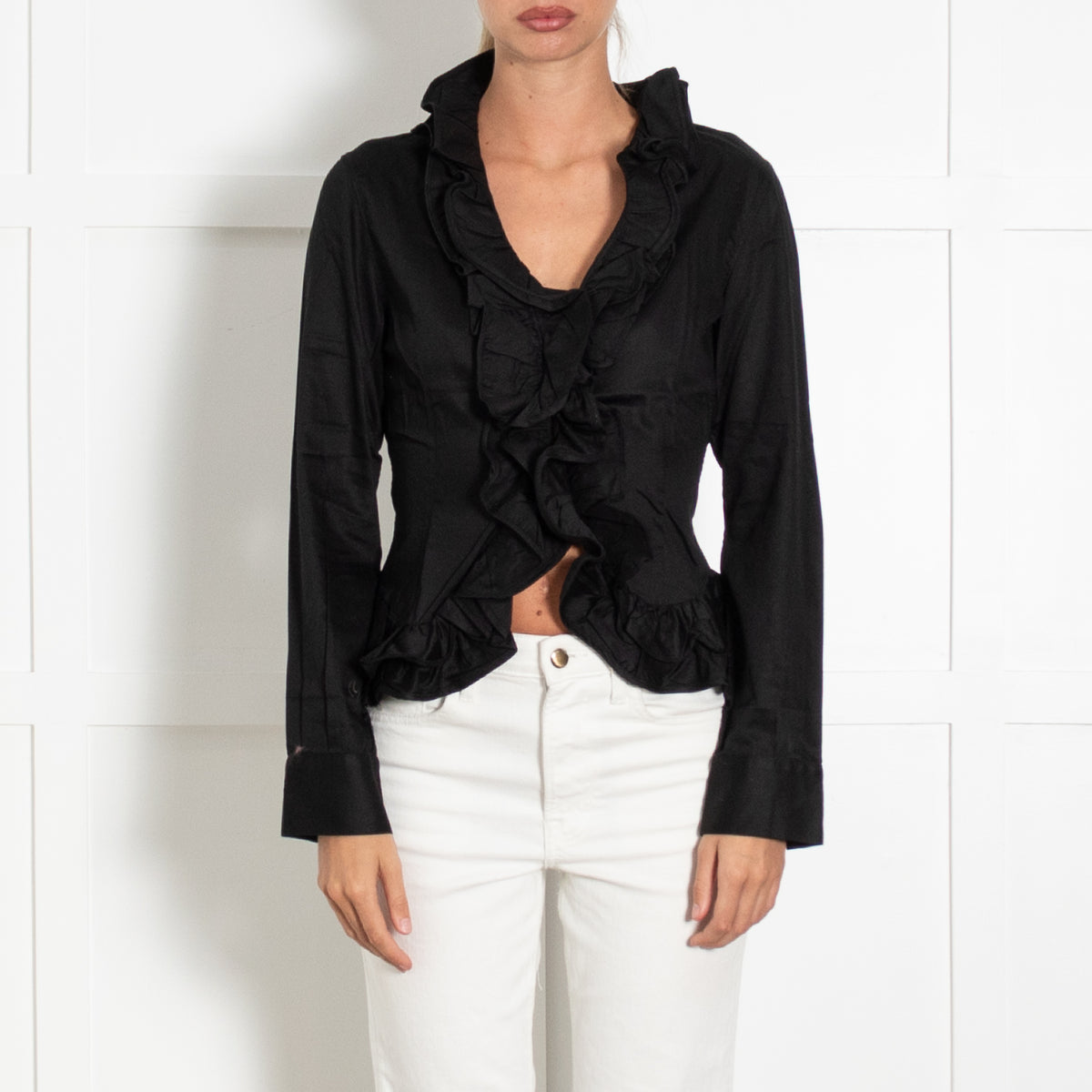 Alexander McQueen Black Cotton Frill Trim Blouse