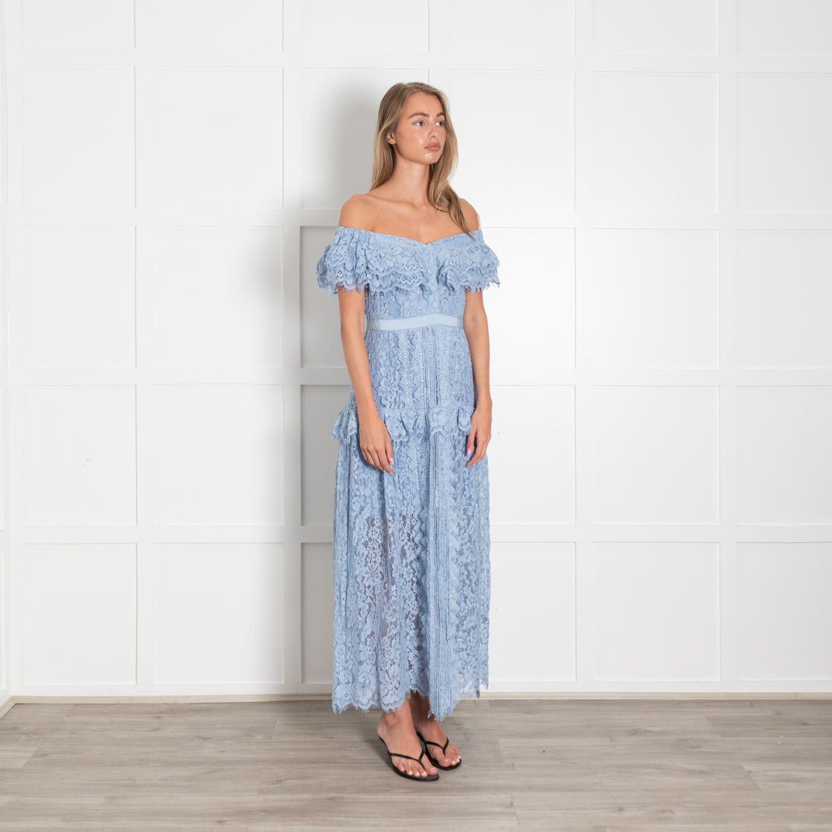 Self-Portrait Blue Lace Shoulder Maxi Dress