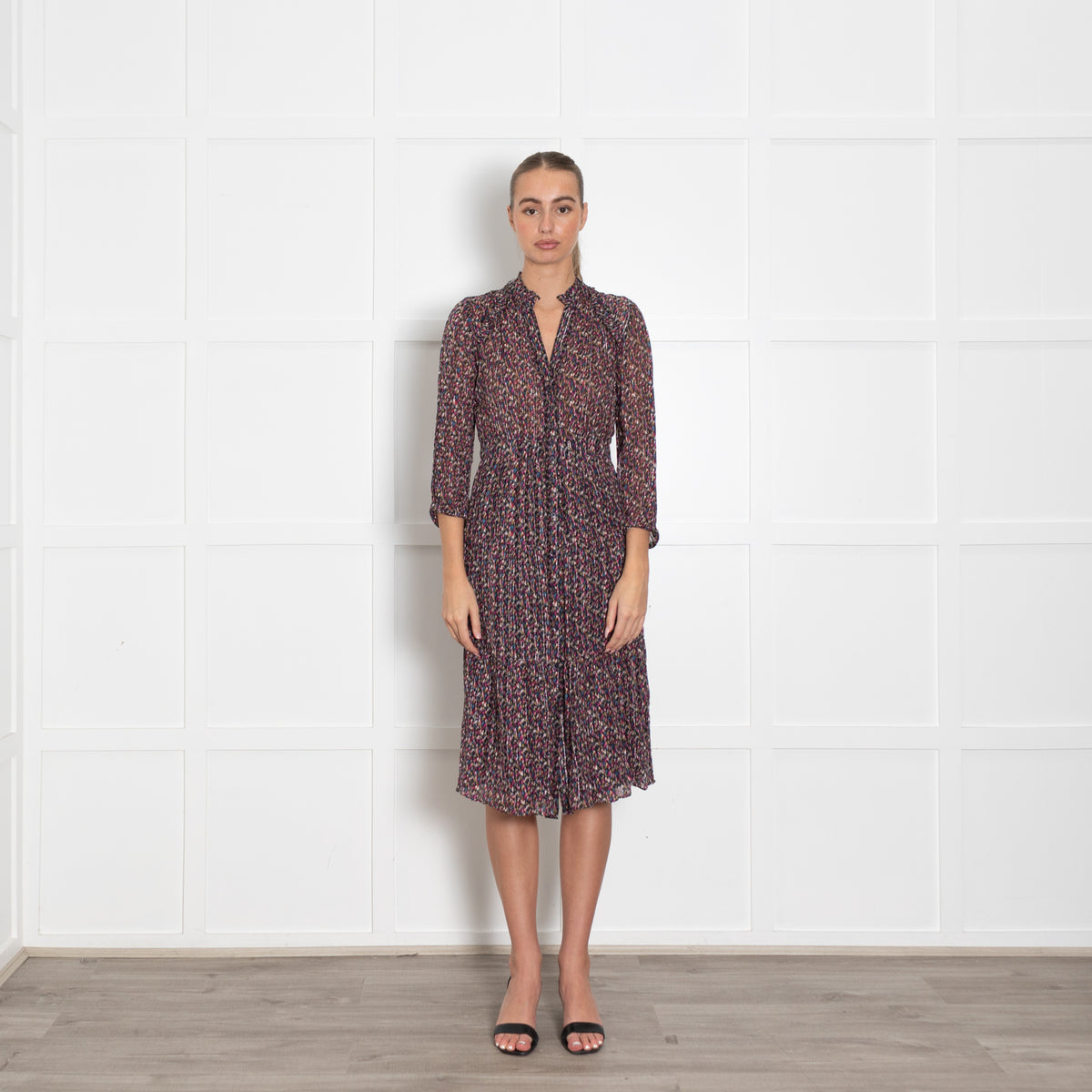 BA&SH Multicoloured Button Up Midi Long Sleeve Frilled Dress