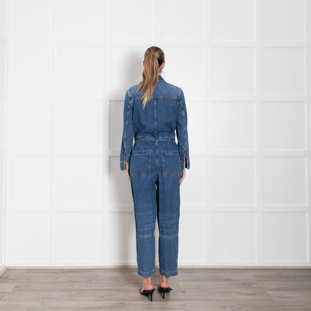 Me + Em Blue Denim Belted Barrell Leg Jumpsuit
