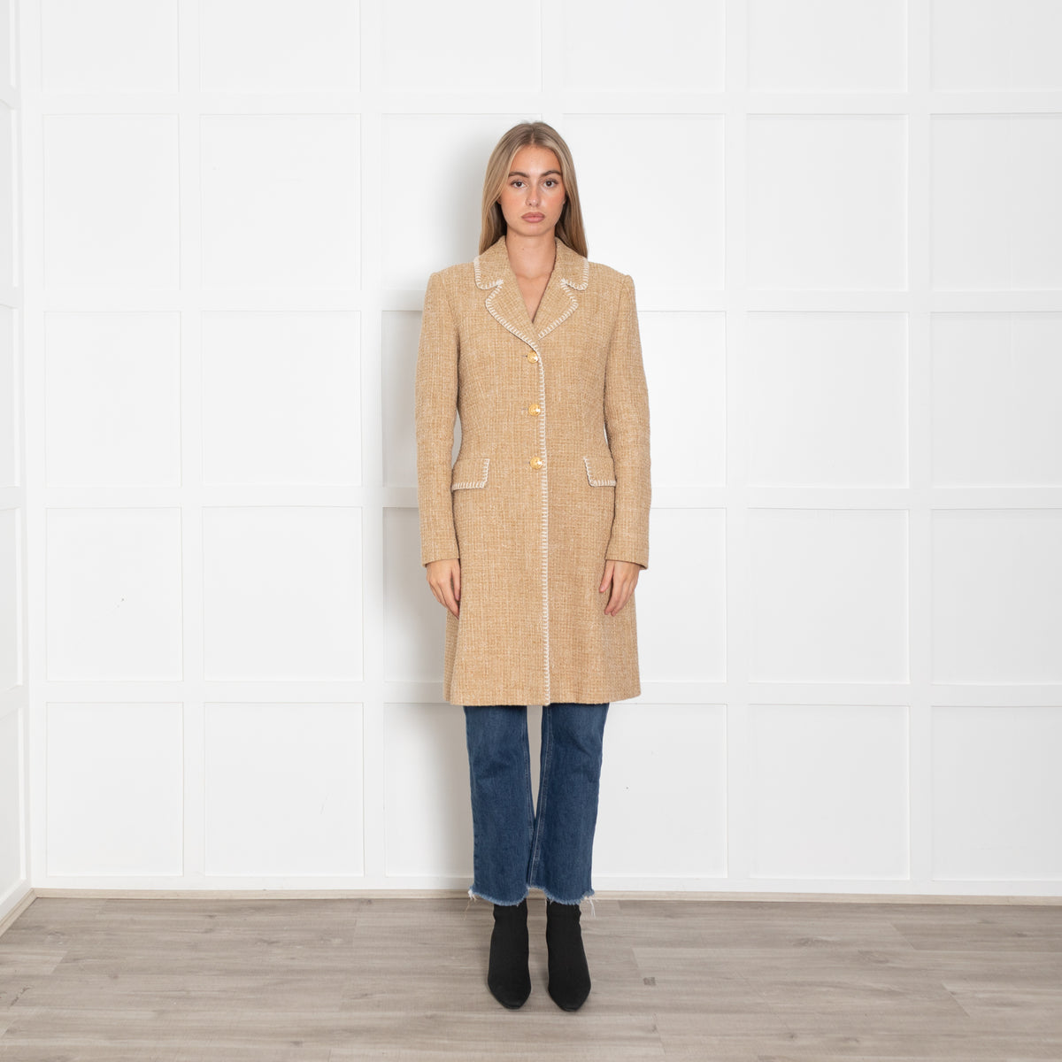 Boutique Moschino Beige Boucle Coat with Stitch Edge Detail