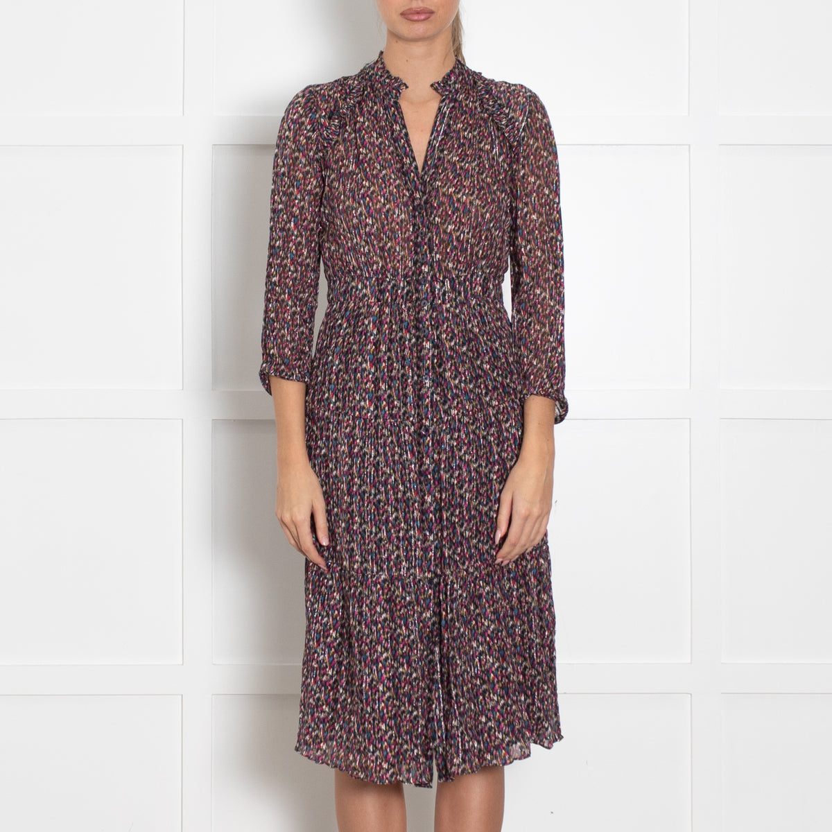 BA&SH Multicoloured Button Up Midi Long Sleeve Frilled Dress