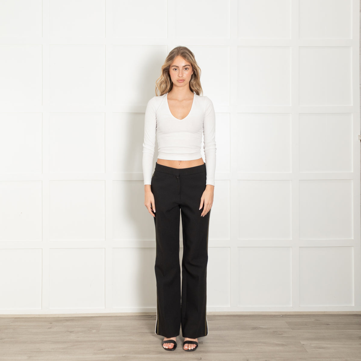 Me + Em Black Khaki Cream Side Stripe Wide Leg Trousers